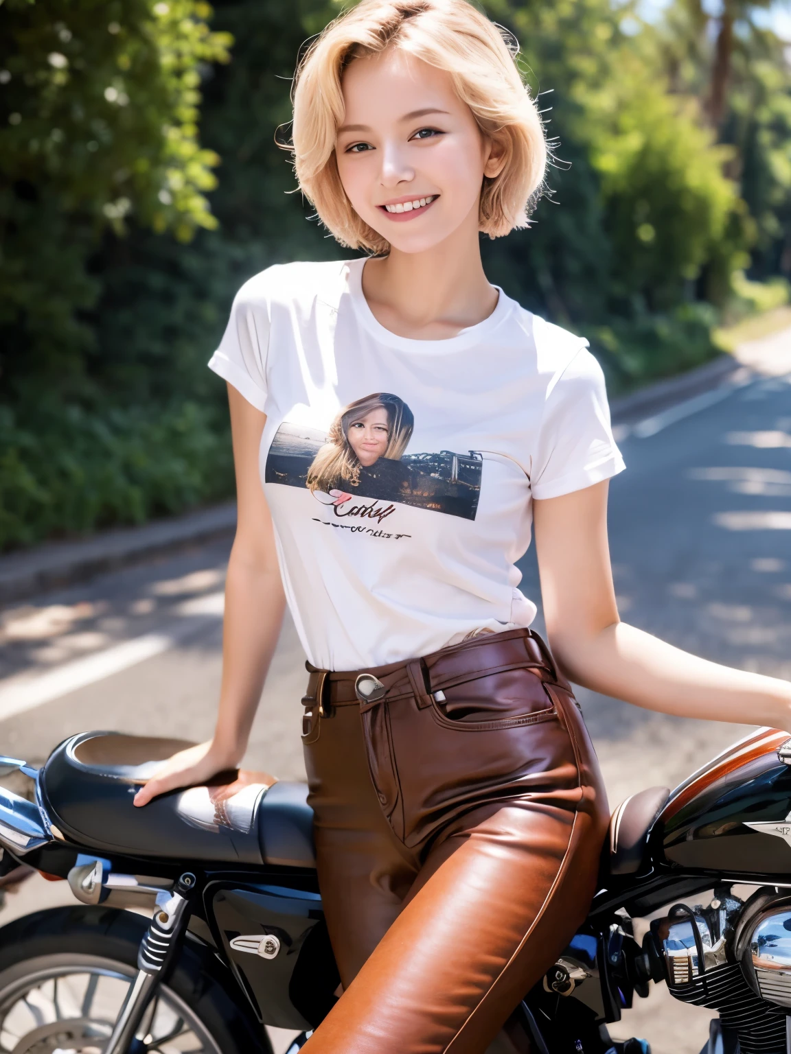 high resolution、High definition、1 girl, smile, Beautiful breasts, D Cup, (Small face:1.5), Beautiful Russian woman, (Blonde berry shorthair:1. 3), Long, slender legs, ((Riding a motorcycle on the road)), (((T-shirt and brown leather pants)))