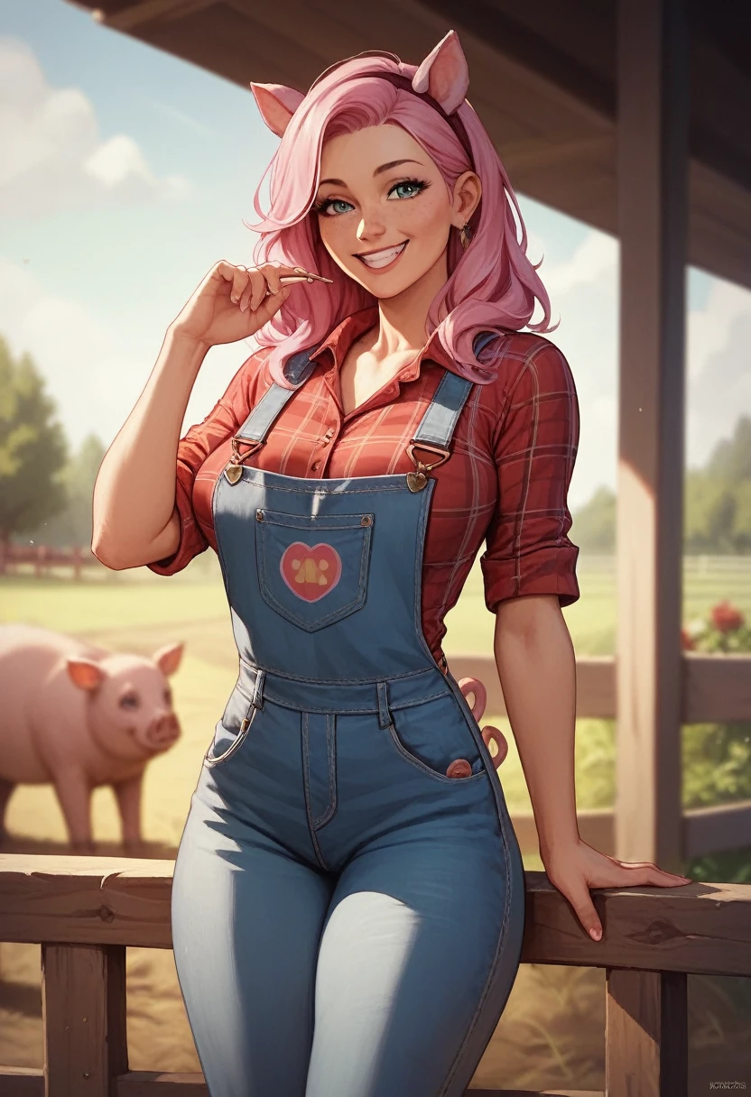 (masterpiece:1.2), (best quality:1.2), (pig girl), big tits, pink hair, smiling, pig ears and tail, wearing overalls, plaid shirt, friendly and cheerful appearance, human nose, (Farm background)