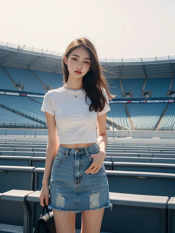 Best quality, Full body portrait,Delicate face,18 year old girl,slim,Smaller bust,White Cropped T-Shirt,Short waist pink denim skirt,Stadium scene,Stand up