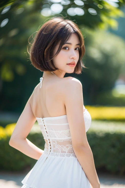 (((Best Quality, 8K, Masterpiece:1.3)), Focus: 1.2, Perfect Body Beauty: 1.4, : 1.2, ((Layered Haircut, Breasts: medium breasts, slim woned body proportions,
Bandeau Dress: 1.1, Highly Detailed Face and Skin Texture, Delicate Eyes, Double Eyelids, Whitened Skin, Short Hair, masterpiece, Bokeh, SFW, Safe For Work)