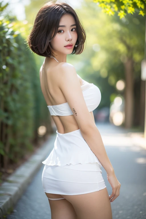 (((Best Quality, 8K, Masterpiece:1.3)), Focus: 1.2, Perfect Body Beauty: 1.4, Buttocks: 1.2, ((Layered Haircut, Breasts: 1.2)), medium breasts, slim waist, toned body proportions,
 Bandeau Dress: 1.1, Highly Detailed Face and Skin Texture, Delicate Eyes, Double Eyelids, Whitened Skin, Short Hair, masterpiece, Bokeh, SFW, Safe For Work)