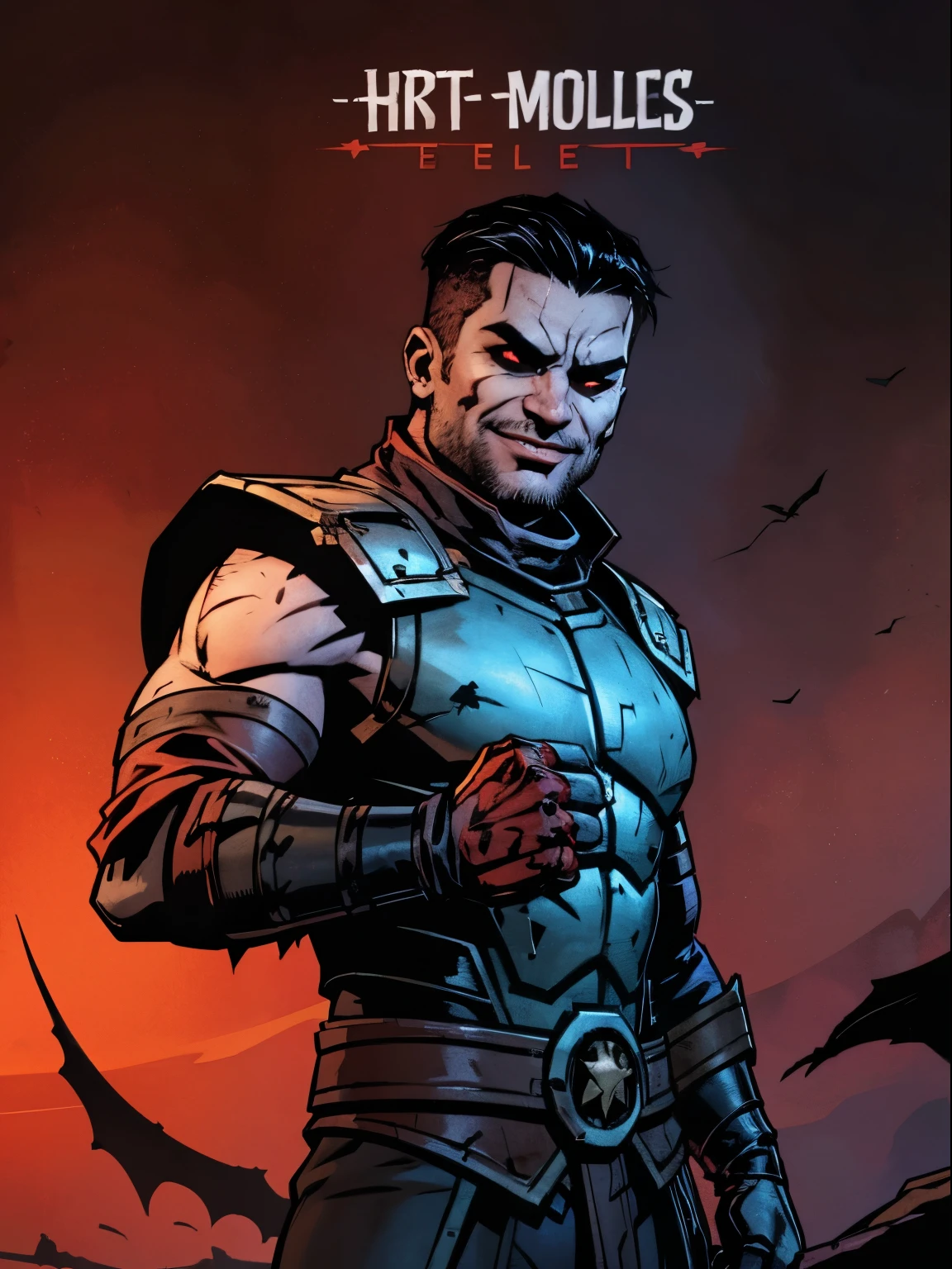 Dark night blood moon background, Darkest Dungeon style, game portrait. Kevin "Todd" Smith as Gabriel Summers from Marvel comics, athlete, short black haircut, 30 years old, {{glowing red eyes}}. Wily smile, badass, dangerous. Wearing military uniform, {{{scales}}}. Villian, badass. Hit pose. Film-poster, Epic. Hit pose.