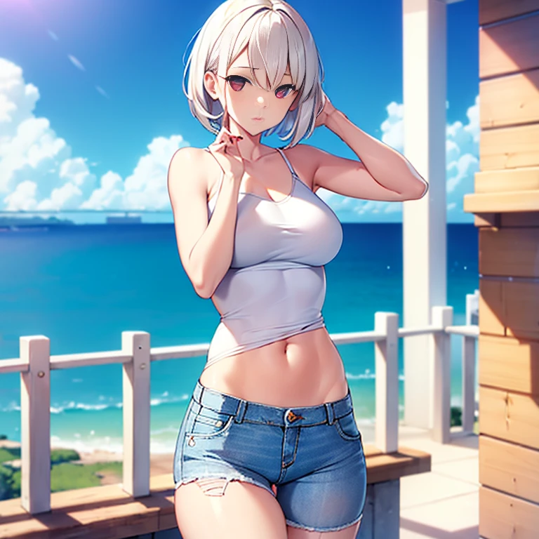 (white short hair)(red eyes)(sitting)(whole body)(Wear casual clothes)(Wear jean)(sports)4K