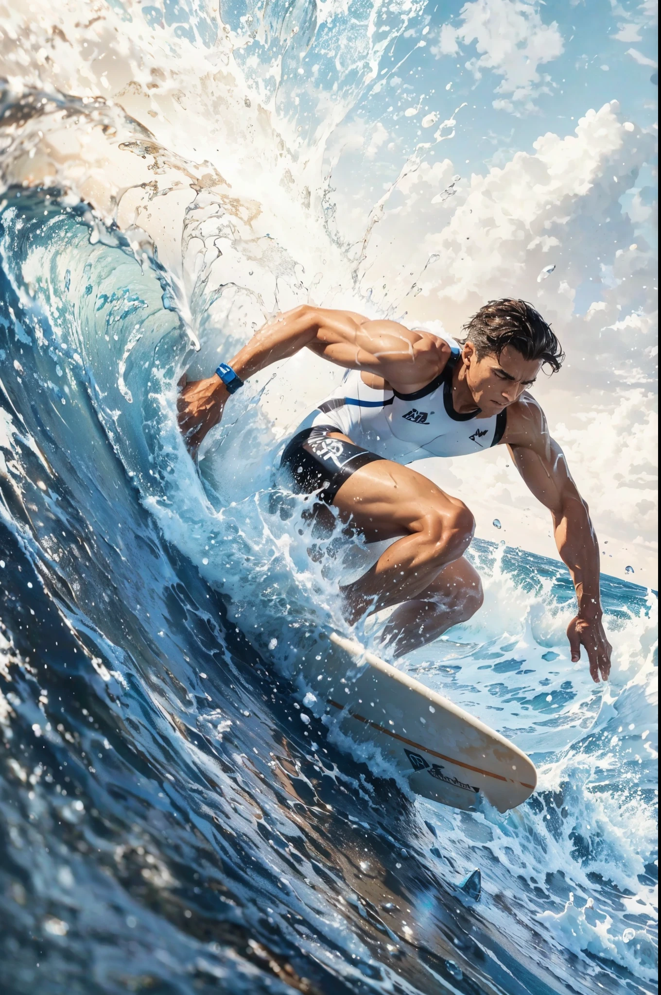 A woman surfing a wave at the beach, detailed face and body features, muscular build, tan skin, wetsuit, board under arm, sun-kissed hair, salty sea spray, beach scene in the background, realistic, high-definition, vibrant colors, bright sunlight, water droplets, (ocean:1.2), (beach:1.1), (surfboard:1.1),