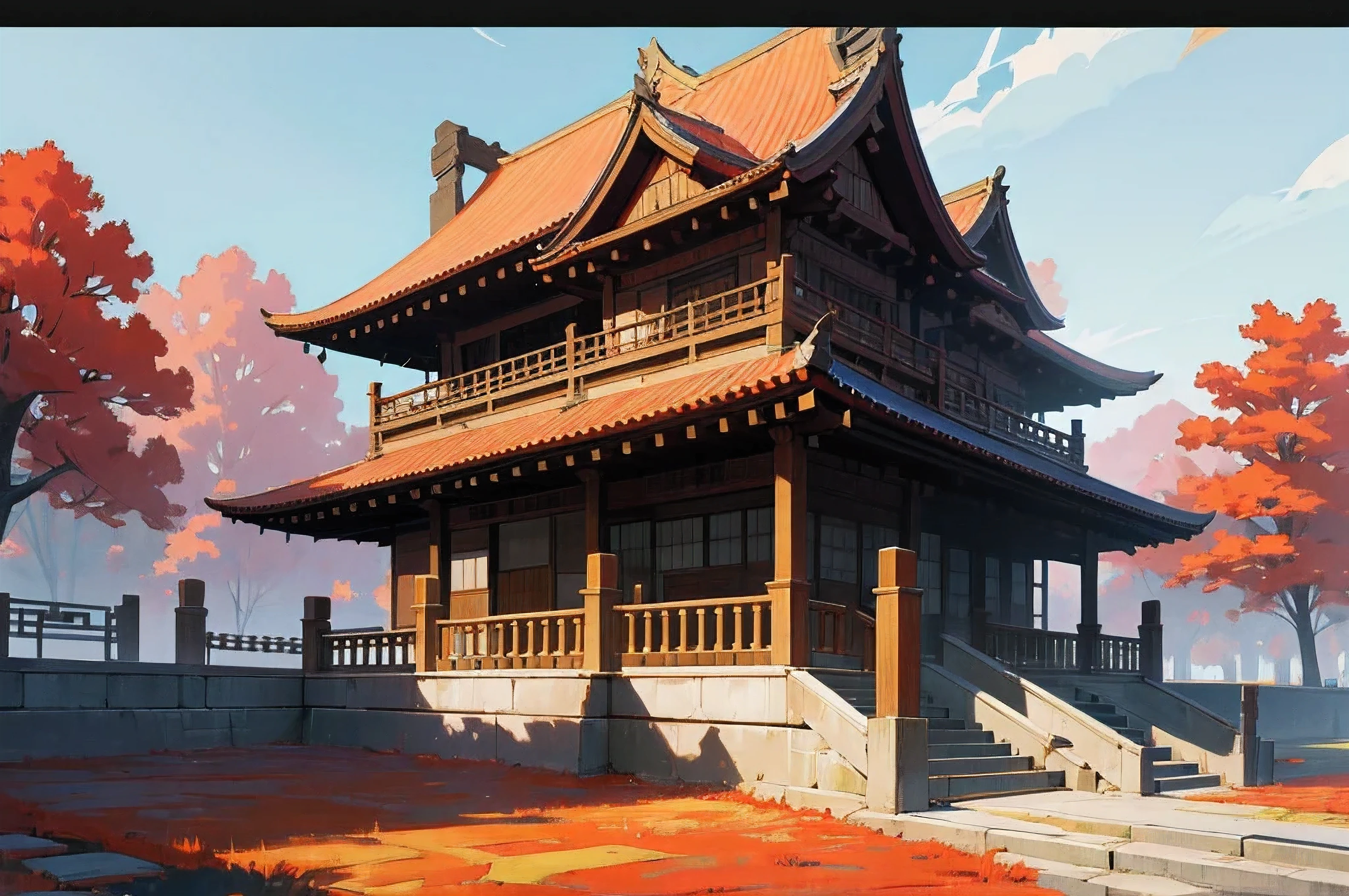 anime illustration depicts a serene scene with traditional Japanese architectural elements. At the center stands an ornate gate, perched atop a stone staircase. The gate features curved, sweeping roofs adorned with decorative ridges and symbols. Flanking the stairs are smaller structures, resembling shops or houses, all sharing the same architectural style. The setting exudes tranquility, as if lifted from a video game or animation. The vibrant red trees hint at autumn,
