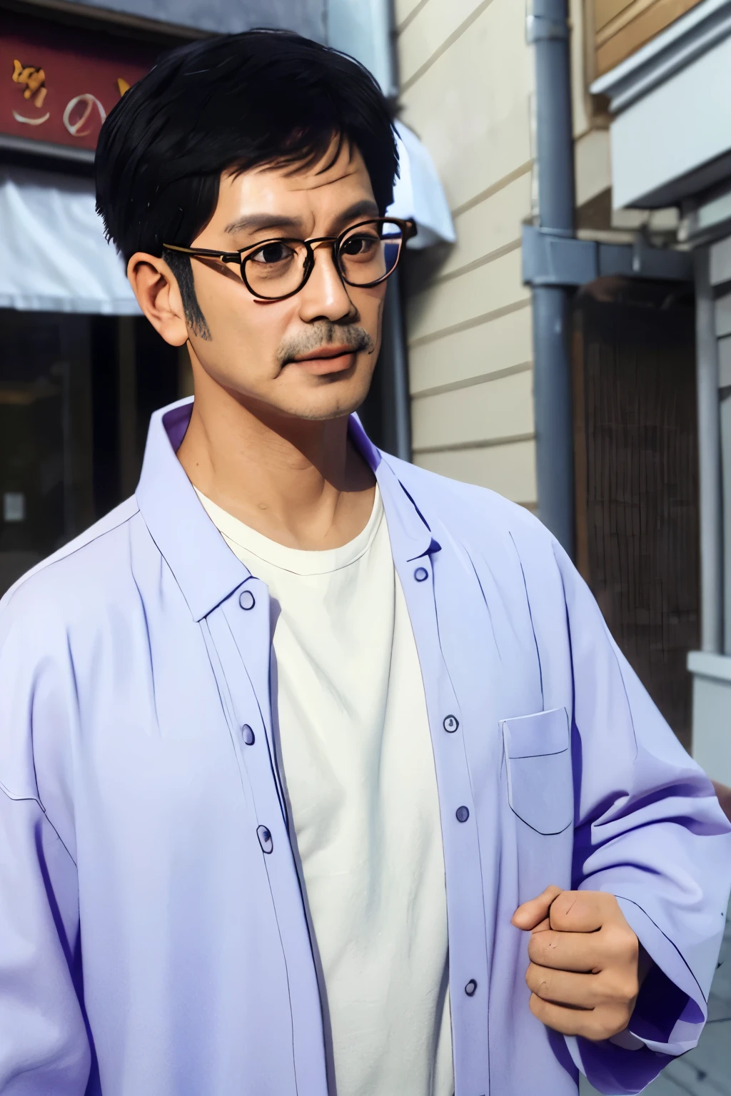 (best quality,high resolution,Extremely detailed) A 40-year-old man with black hair and oriental hair wearing white clothes, Wearing gold-rimmed glasses, . He has short hair.On the Street. Wearing a purple shirt.light coat . Right hand showing love.Front with one hand in pocket,Carrying camera on chest.,Have dimples