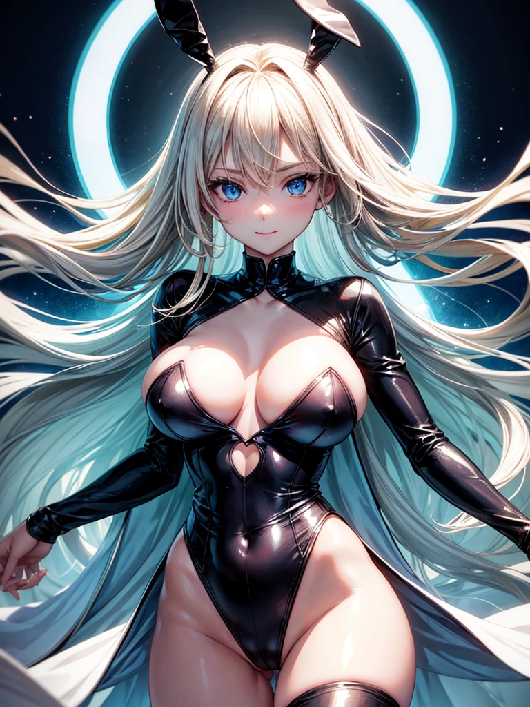 Anime style, super fine illustration, super clear illustration, highly detailed, beautiful detailed, super pale tone image, super delicate illustration, super calm & static image, sexy posing Portrait, static representation, gentle expression, 8k, angle from behind, pretty 1girl with blonde straight short hair & blue eyes & a bright smile & Big breasts & wide hips & pink nipples & soft fair skin is wearing the bunny girl black costume in the midnight bar, neon, romantic stories, solo, perfect 5fingers, perfect arms, perfect legs, masterpiece, 布ははためかない, 布はいらない, 布はいらない,