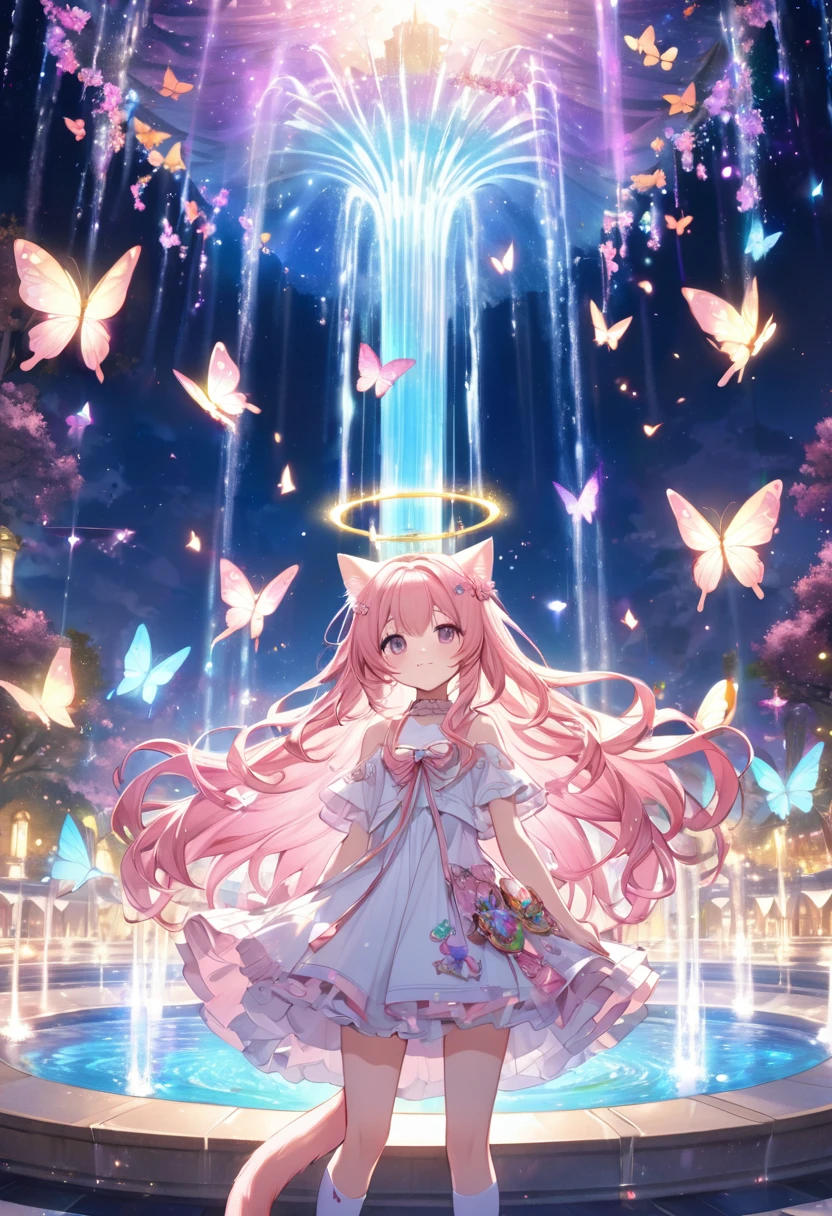 kawaii shota,angel halo and wing,cat ear and tail,pink hair,wavy long hair, Heavenly fountain with 10000 prismatic butterflies,beautiful glowing butterflies,