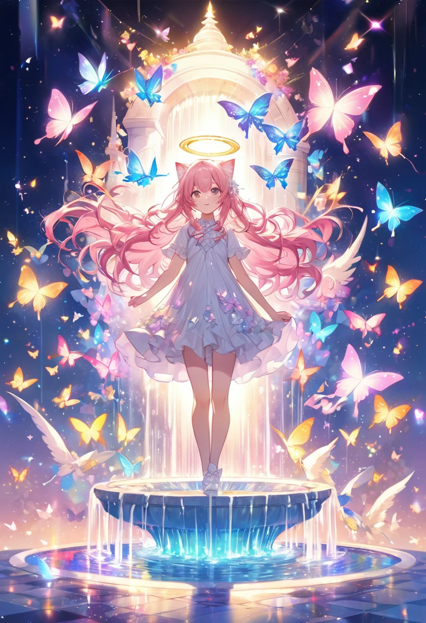 kawaii shota,angel halo and wing,cat ear and tail,pink hair,wavy long hair, Heavenly fountain with 10000 prismatic butterflies,beautiful glowing butterflies,