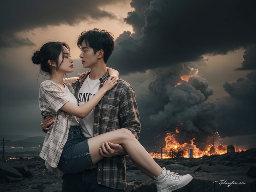 A captivating aerial portrait of a young Korean couple, one man and one woman, in a romantic and dramatic scene. The man confidently wears a flannel shirt and white T-shirt, while the woman gazes into his eyes with a mix of love and desire. They share a tender, romantic lift hug, standing tall against the backdrop of a somber and foreboding scene. Dark clouds loom overhead, and ominous structures cast dramatic shadows. A tragic event unfolds in the distance, with flickering flames of orange and red illuminating the gloomy atmosphere. The composition masterfully captures the intricate details of their attire and the intensity of their connection. The photograph exudes a cinematic quality, immortalizing a poignant and emotional moment in time.