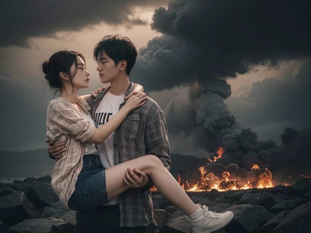 A captivating aerial portrait of a young Korean couple, one man and one woman, in a romantic and dramatic scene. The man confidently wears a flannel shirt and white T-shirt, while the woman gazes into his eyes with a mix of love and desire. They share a tender, romantic lift hug, standing tall against the backdrop of a somber and foreboding scene. Dark clouds loom overhead, and ominous structures cast dramatic shadows. A tragic event unfolds in the distance, with flickering flames of orange and red illuminating the gloomy atmosphere. The composition masterfully captures the intricate details of their attire and the intensity of their connection. The photograph exudes a cinematic quality, immortalizing a poignant and emotional moment in time.