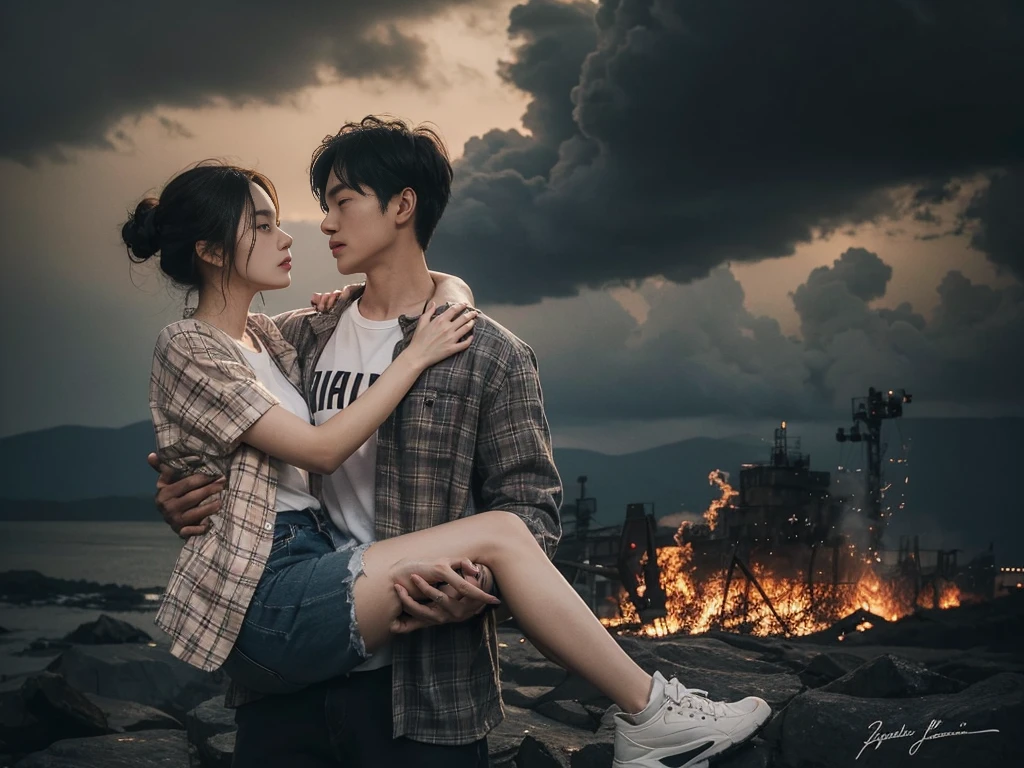 A captivating aerial portrait of a young Korean couple, one man and one woman, in a romantic and dramatic scene. The man confidently wears a flannel shirt and white T-shirt, while the woman gazes into his eyes with a mix of love and desire. They share a tender, romantic lift hug, standing tall against the backdrop of a somber and foreboding scene. Dark clouds loom overhead, and ominous structures cast dramatic shadows. A tragic event unfolds in the distance, with flickering flames of orange and red illuminating the gloomy atmosphere. The composition masterfully captures the intricate details of their attire and the intensity of their connection. The photograph exudes a cinematic quality, immortalizing a poignant and emotional moment in time.