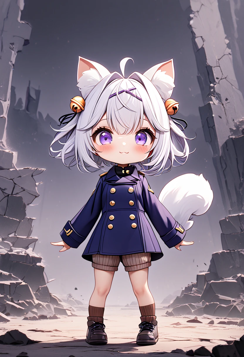 master piece, best quality, ultra-detailed, illustration, 1girl, solo, chibi, (big head), cute pose, front view, looking at viewer, ((full body Close up)), Filian, (purple hairclip:1.3), (hair bell:1.3), white hair, short hair, shoulder length hair, fly-away hair, cat ears, ahoge, purple eyes, blush, smiling, (fluffy tail), ((navy blue 6buttons peacoat)), long sleeves, brown striped shorts, brown knee socks, navy blue shoes, battlefield background, gloomy atmosphere, broken castle, broken walls, broken windows