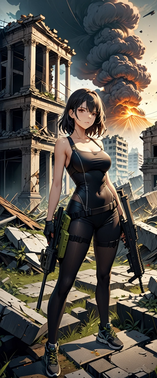 One girl, die, Harvesting, arms, masterpiece, Highest quality, High resolution, (((Apocalypse))), (((Town ruins))),Assault rifle