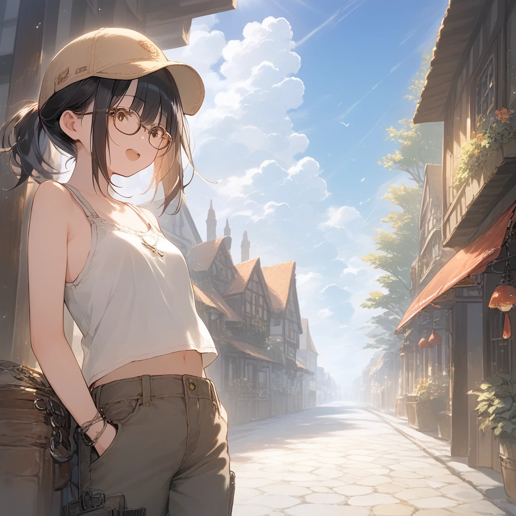 score_9, score_8_up, score_7_up, source_anime, best quality, masterpiece, official art, absurdres, highres, ultra-detailed,waifu2x,Collection: Slice of Life,break,1girl, fantasy world, short hair, glasses, small breasts, cap, tank top, cargo pants, open mouth, (yawn:0.3),outdoors, town, wind, break,(clear line illustration:1.2),very high resolution, very aesthetic, super detailed skin, Best sexual lighting powered by famous artist, 8k,cute picture,beauty illustration,photoshop_(medium),,(Detailed Lighting),best anime 8k konachan wallpaper, pixiv contest winner,