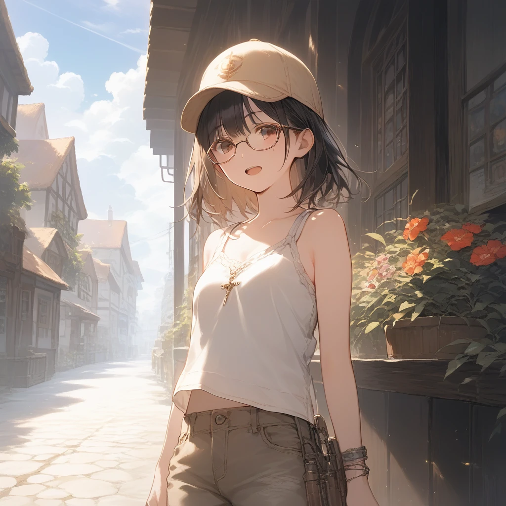 score_9, score_8_up, score_7_up, source_anime, best quality, masterpiece, official art, absurdres, highres, ultra-detailed,waifu2x,Collection: Slice of Life,break,1girl, fantasy world, short hair, glasses, small breasts, cap, tank top, cargo pants, open mouth, (yawn:0.3),outdoors, town, wind, break,(clear line illustration:1.2),very high resolution, very aesthetic, super detailed skin, Best sexual lighting powered by famous artist, 8k,cute picture,beauty illustration,photoshop_(medium),,(Detailed Lighting),best anime 8k konachan wallpaper, pixiv contest winner,
