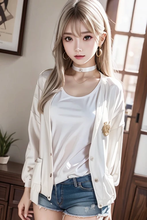 One girl, seen from the thighs up、Real17歳女性、cute、from side,((Small breasts))、(((Long white hair)))、((Completely naked))、((T-Shirts、Shorts、Jacket)） And a very slim figure,,,,,、Very thin leganicules、Earrings、Pink Lip、choker、Real、Sexual、Highest quality、Detailed face、Detailed Background、Depth of written boundary、whole body viewing angle、Sexual、alone、night,Highest quality、High resolution、超High resolution（Real：1.4）Detailed eyes、Gradation、Perfect anatomical figure、Woman with perfect body、Highly detailed skin、非常にDetailed face、Beautiful eyes in every detail、Background Blur