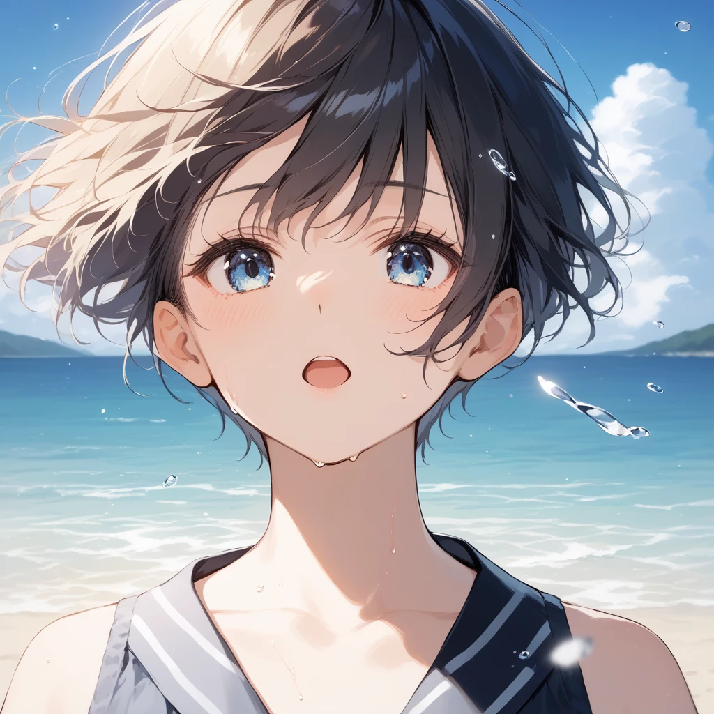 score_9, score_8_up, score_7_up, source_anime, best quality, masterpiece, official art, absurdres, highres, ultra-detailed,waifu2x,Collection: Slice of Life,break,1girl, tomboy, very short hair, pixie cut, breasts, beautiful detailed eyes, expressionless, serahuku, beautiful detailed eyes, sweat, open mouth, sleepily, outdoors, wind, beach,break,(clear line illustration:1.2), super detailed skin,very high resolution, very aesthetic, Best sexual lighting powered by famous artist, 8k,cute picture,beauty illustration,photoshop_(medium),,(Detailed Lighting),best anime 8k konachan wallpaper, pixiv contest winner,
