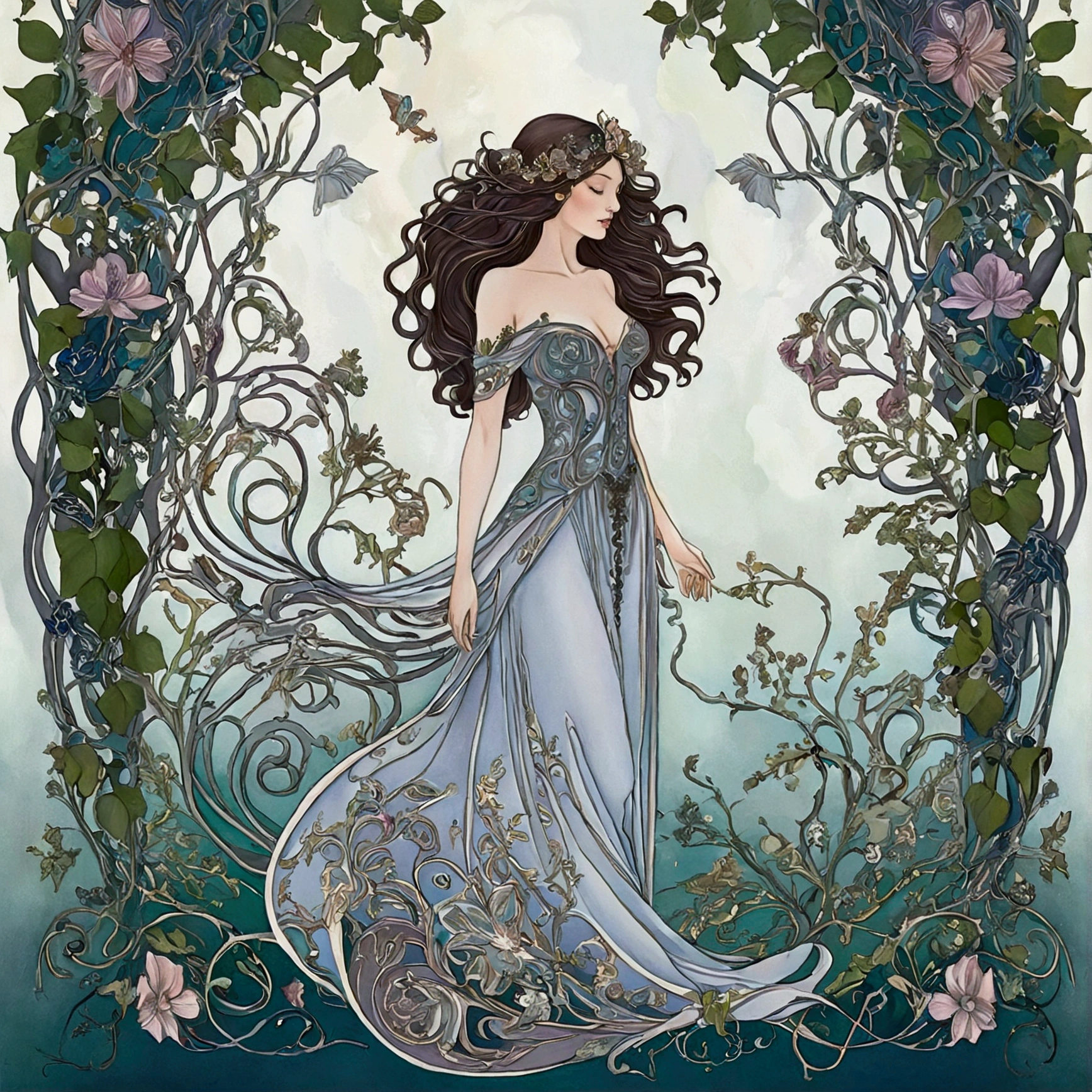 A refined and intricate line art depiction of an ethereal and captivating woman, elegantly posed in a full-body stance with legs gracefully apart, emerging from a whimsical medieval universe. Surrounded by swirling vines and fantastical elements, she is adorned with intricate jewelry inspired by nature, while her flowing hair mingles with delicate flower petals. The background features a mystical castle and soft, ornate arches, reminiscent of a blend of Art Nouveau and gothic styles, creating an enchanting atmosphere.