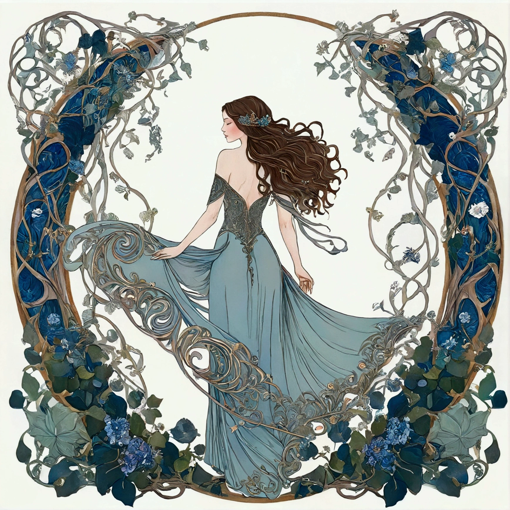 A refined and intricate line art depiction of an ethereal and captivating woman, elegantly posed in a full-body stance with legs gracefully apart, emerging from a whimsical medieval universe. Surrounded by swirling vines and fantastical elements, she is adorned with intricate jewelry inspired by nature, while her flowing hair mingles with delicate flower petals. The background features a mystical castle and soft, ornate arches, reminiscent of a blend of Art Nouveau and gothic styles, creating an enchanting atmosphere.