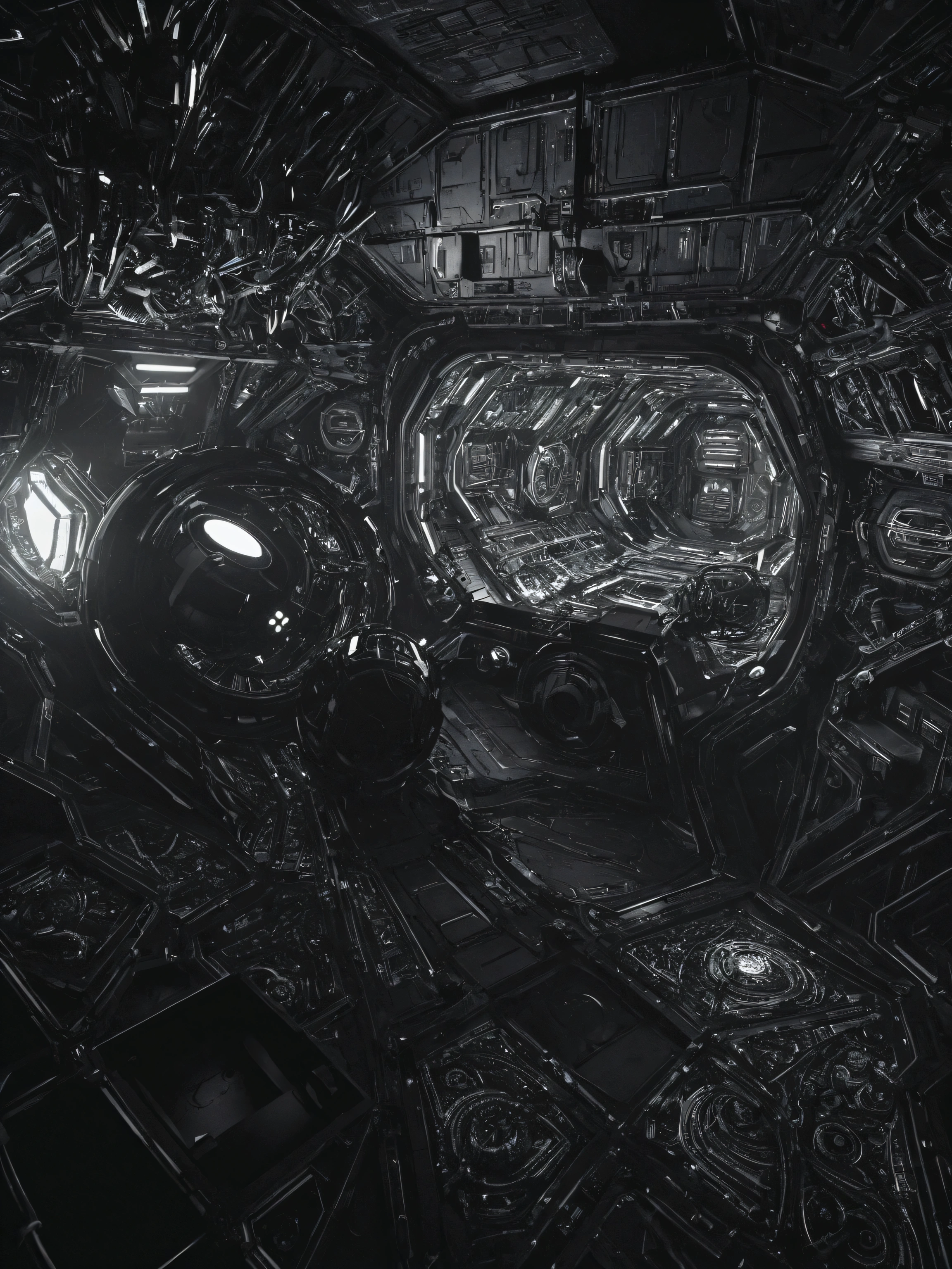mechanical background, black and white color scheme, inside spaceship