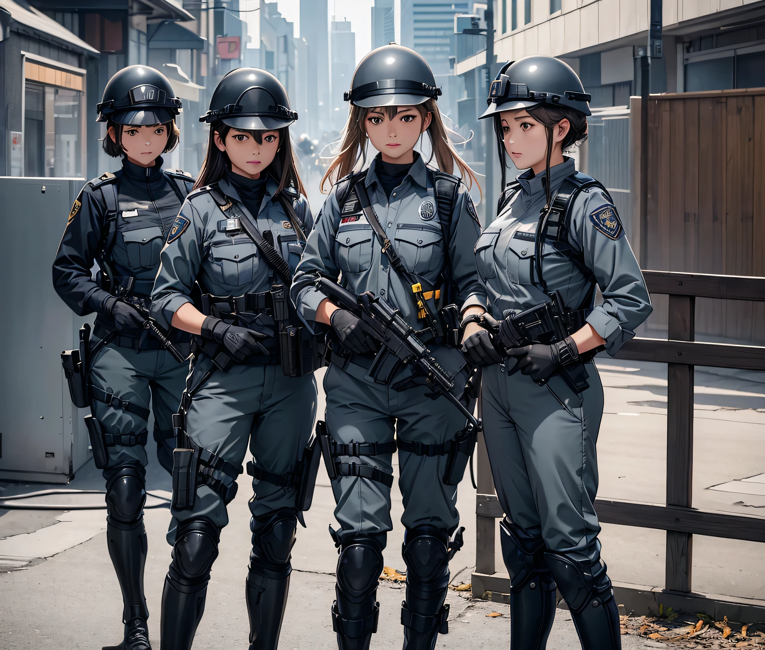 A group of female police officers wearing gray autumn uniforms、Wear a steel helmet、Gloves、Magazine Pouch、Knee pads、Guarding the gate、Write details、masterpiece、best quality、Highly detailed CG、8K picture quality
