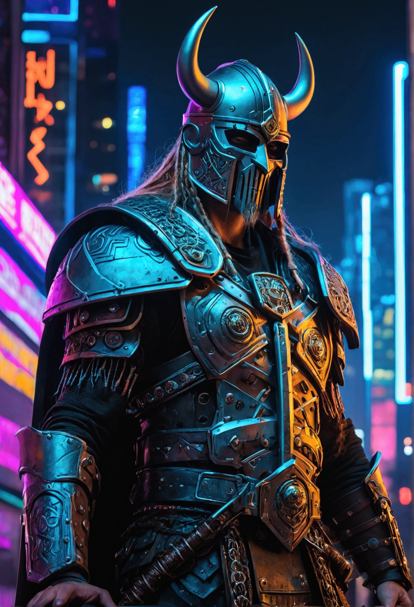 (extremely detailed 8k wallpaper), a medium shot photo of  cyberpunk Grim dressed as a masked viking in an armour made of metal from marvel, cyberpunk theme, intricate, high detail, dramatic,  neon city lights in the background 
