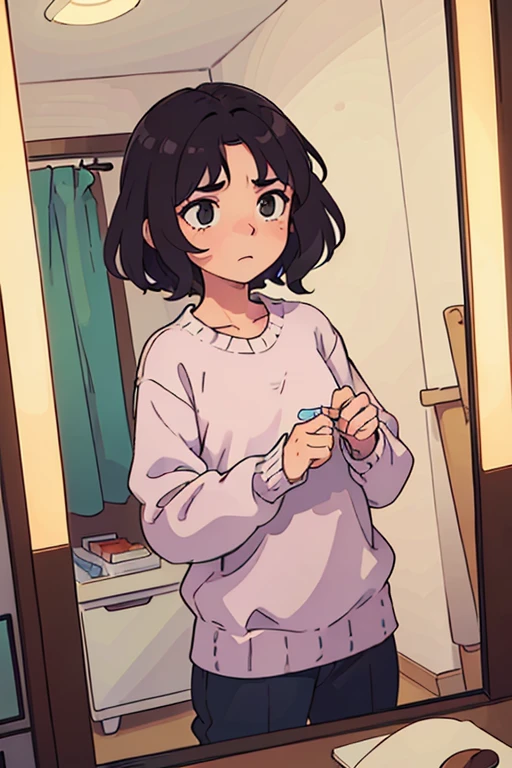 (best quality:0.8) perfect anime illustration, a pretty, frustrated face woman with short curly brown hair standing in front of the mirror facing mirror wearing a sweater, panjama