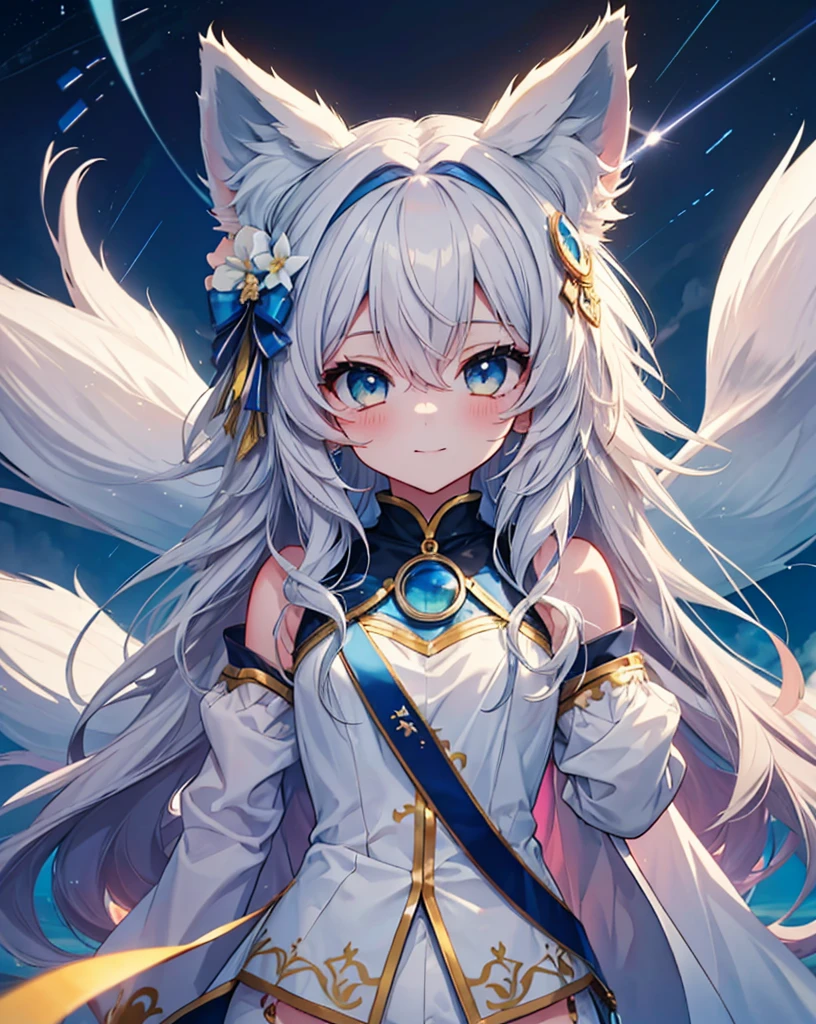 (Highest quality, Masterpiece: 1.2), (Solo), 4K quality, hdr, ultra vibrant colors, detailed
cute shot, she's my girlfriend.
1girl, cat ears, neko ears, fox tail. 
solo, gold_eyes, white_hair. 
smile, long_hair, hair_between_eyes, Cute smile, she's flirting, looking_at_viewer, ribbon on hair.
hood, bare shoulders, light shorts. 
Dynamic and cinematographic shot,8k.
Blue sky, white clouds, hdr sky,(Anime coloring book sky), Heaven, cliff, mirage, meteorite, 1moon.
easy hand pose.