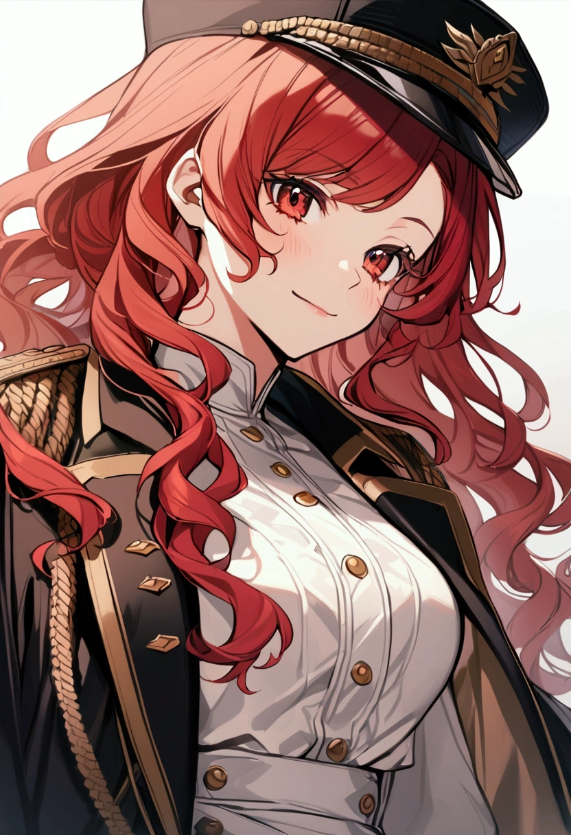 1girl, red hair, wavy hair, military coat, white shirt, 