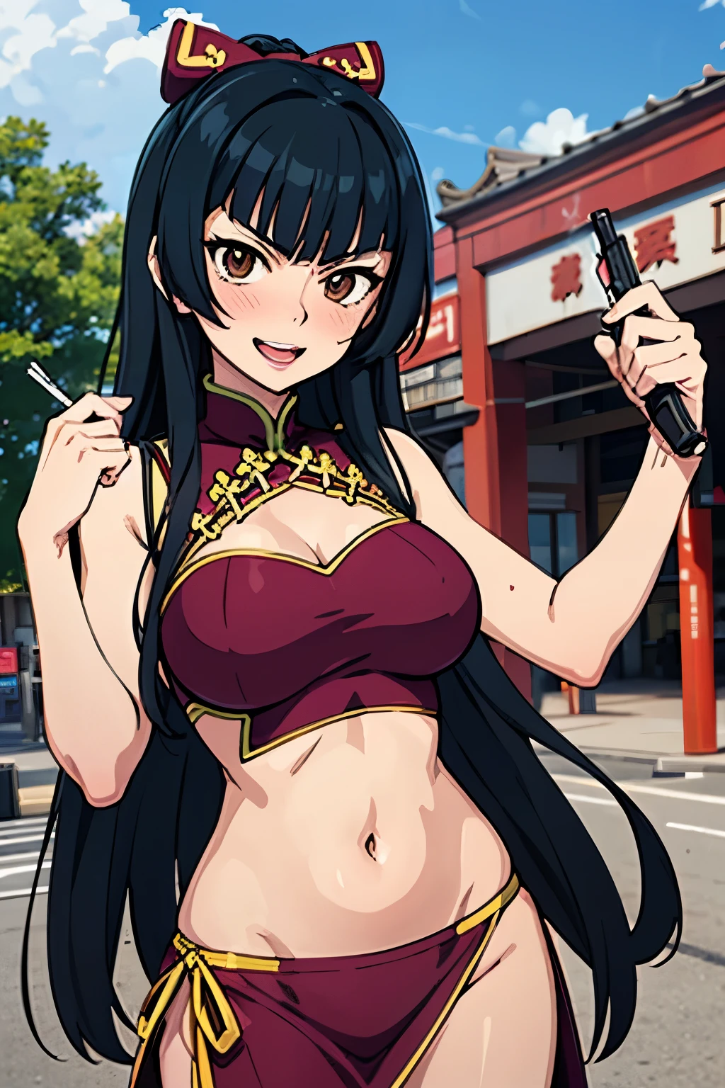 1girl,wang liu mei,brown eyes, long hair,  blush, lipstick, Hot girl, baddie, staring, glaring, bad attitude, mean girl, crazy, smoking, sensual, attractive, masterpiece, best quality, highly detailed, a anime girls in china dress with navel cutout , navel
cutout, crop top, china dress, ecchi anime style, evil smile, open mouth, smile, anime girls, ecchi
style, ecchi, digital anime art!!, in anime style, official artwork, (nsfw) not safe for work, beautiful
anime girl, anime style 4 k, pelvic curtain, exposed belly, exposed navel, exposed midriff, exposed
lower belly, holding a gun, chinatown, holding pistol,outdoor,street,road