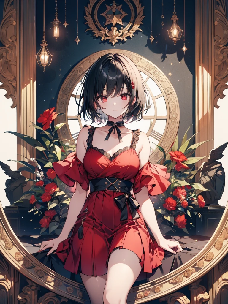 (masterpiece, highest quality, highest quality, (No text), Beautiful and aesthetic:1.2),No text,アニメ、BREAK,One Girl，Black Hair Girl　short hair　older sister　choker　Beautiful eyes　Red eyes　cool　smile　Black and Red　dress　stockings　foot　whole body　In town