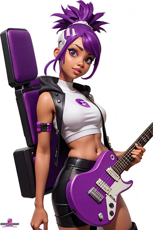 one,8k highly detailed, casual games, , 3D art style, Half body photo,White background,big eyes,cute,Model posing,mature African American woman,solid color background, purple Mohawk hair,Smile,(((White background))),((Cyberpunk clothing)),Punk clothes,cyberpunk style,Show belly,Face shot, purple Mohawk hair, playing a electric guitar, singing into a microphone, with big perfect lips.
