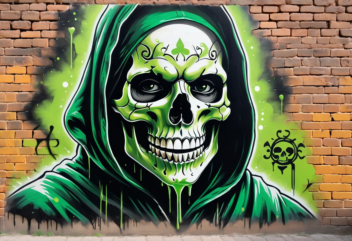 graffiti, Pastel, graffiti on brick wall, spray painting on wall, colored graffiti, Street art, Spray paint, Street canvas, Graffiti artist, Graffiti art, Aerosol art,
Black and green ink on old yellowed parchment. tarot card style. close-up portrait. Plague herald. crazy smile. Skull makes up face. Hood. monk's robe. dark fantasy aesthetics.