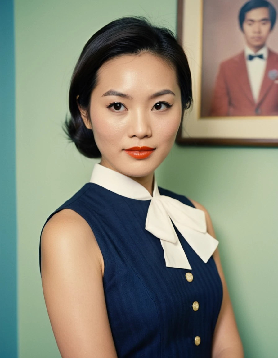 analog style portrait of an ((asian woman)) , wes anderson movie, still from stanley kubrick movie