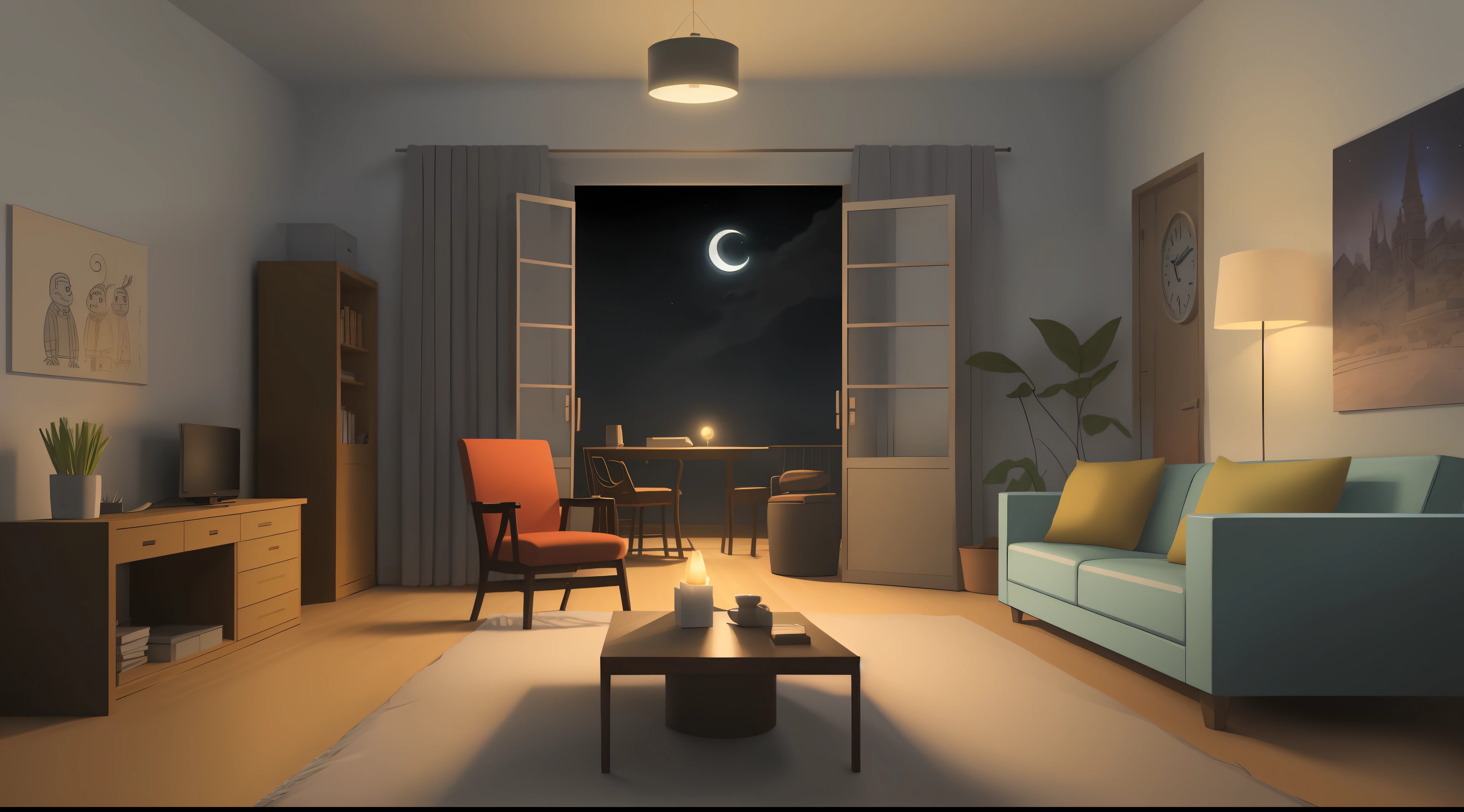HD cartoon, moonlit night in the room