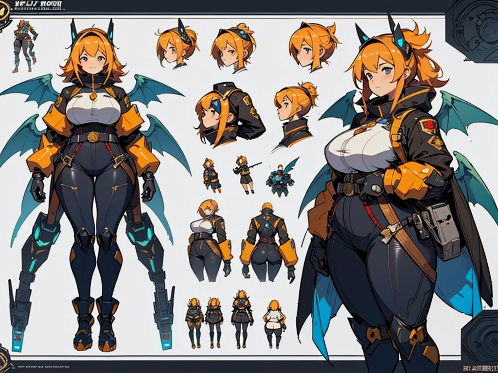 Close-up of a plump woman in a mecha bodysuit, ((character concept art)), ((character design sheet, same character, front, side, back)) character art of maple story, video game character design, video game character design, maple story plump girl, girl wearing cute mecha hairpin on her head, yellow glowing decoration on girl's mecha armor, expert high detail concept art, metal bullet concept art, funny character design, plump woman anime inspiration, sticky tar. Concept art, belt buckle at waist, mechanical weapon, mechanical wings