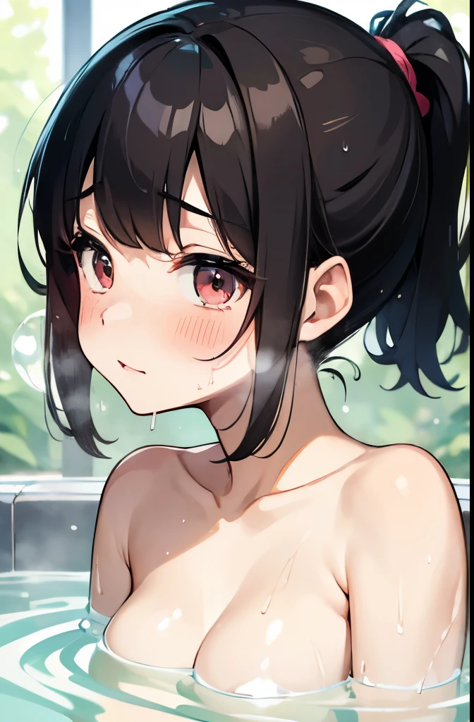 masterpiece, Highest quality, 1 girl, 、Cute Face、Beautiful face in every detail, (Embarrassing), Black hair short ponytail、Browsing Caution, (Sweat),Shoulders exposed、 (Medium Breasted、thin、erection)、Shooting from the side、(Sweat、Sweat)、Wet body,Wet Hair、Voice of the Heart 、Comment with Embarrassing in Japanese、Highest qualityの画像、((Soak shoulder-deep in a bubble bath))