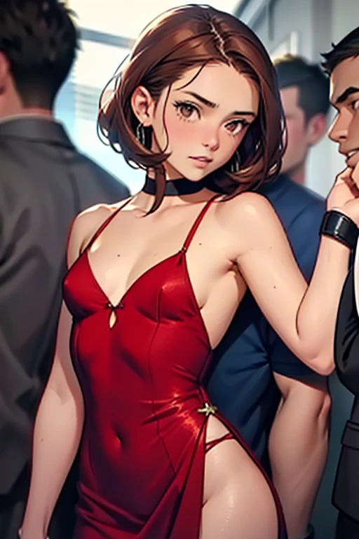 latina woman, Brunetette, brownhair, look scared, breasts small, dressed in a short red dress, sexy low cut, at a party, company party room, several men around grab her body.