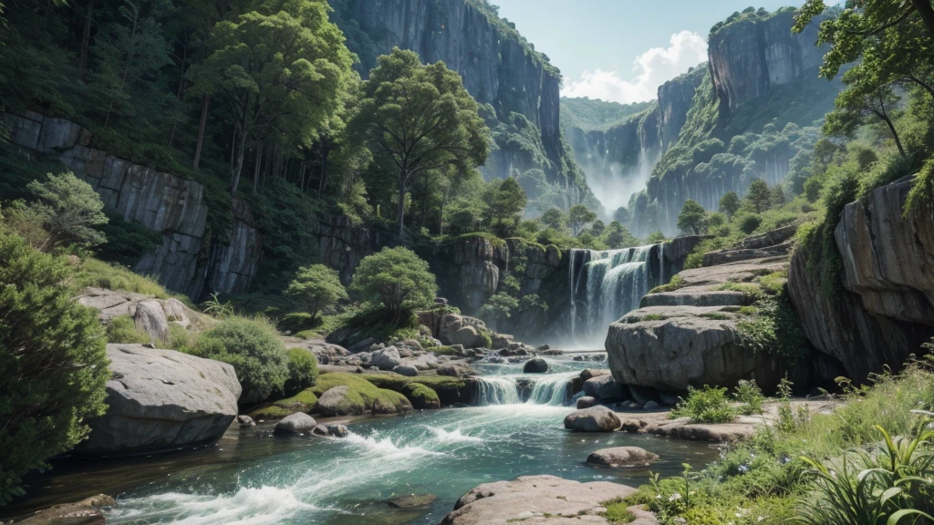 Generate a landscape with vegetation, waterfall and BIG rocks.