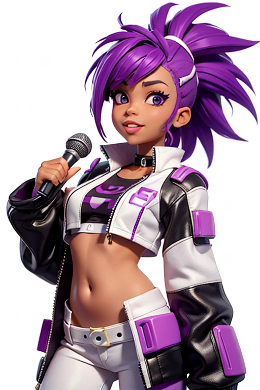 one,8k highly detailed, casual games, , 3D art style, Half body photo,White background,big eyes,cute,Model posing,mature African American woman,solid color background, purple Mohawk hair,Smile,(((White background))),((Cyberpunk clothing)),Punk clothes,cyberpunk style,Show belly,Face shot, purple Mohawk hair, playing a electric guitar, singing into a microphone, with big perfect lips. 