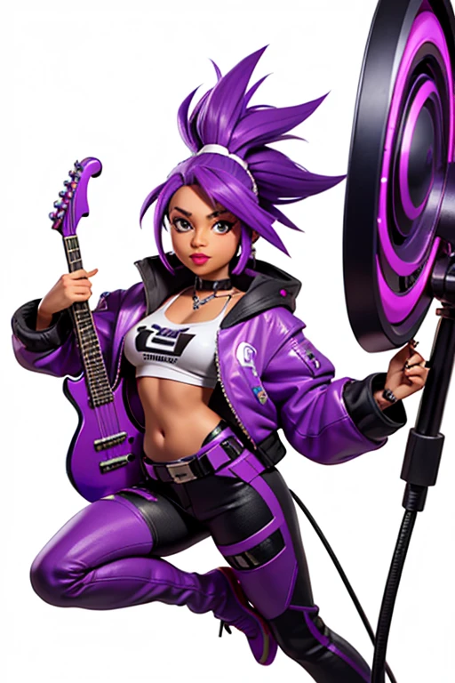 one,8k highly detailed, casual games, , 3D art style, Half body photo,White background,big eyes,cute,Model posing,mature African American woman,solid color background, purple Mohawk hair,Smile,(((White background))),((Cyberpunk clothing)),Punk clothes,cyberpunk style,Show belly,Face shot, purple Mohawk hair, playing a electric guitar, singing into a microphone, with big perfect lips.