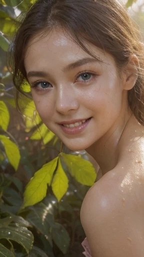 D40-24-35 firmed body , natural young breast-D40 drop-shape, nice big areola Dark shadow, height-175cm weight-58kg,

Long-Hazel Gold light-brown Hair, rich Quality, 1girl, Solo, High resolution,

bright round wide big eye x1.08, detailed eye, high quality moist eye, large pupil Blue-gold eyes, big-light-glowing-eye,

Body arouse blush tighten, face blush, anglic glow skin, high Dopamine hypersexuality, arouse pose

Wet soak moist-dress-organza fabric white pure bright - transparent Light short pajamas, young 15 year old, no face wrinkle , natural balanced tight v-face , ulthera face, thin asean lip, happy-shy-smile, 

Forest scene, wide, Orange-yellow-leaves, angel glow fairy atmosphere, late afternoon sun light 45 degree, Heavy Rain,

bokeh background, look at camera, front face focused, Looking stare to viewer, half body down to hip image,