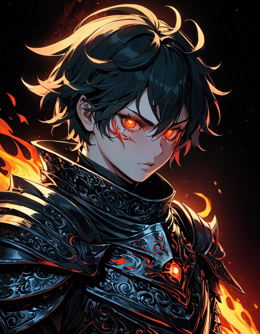 A fearsome warrior knight with short hair with red glow eyes and flame details sticking out of the eyes, neve, cosmic ashes, sombrio, imagem escura,artistic, Complicado, psicodelic, epics
