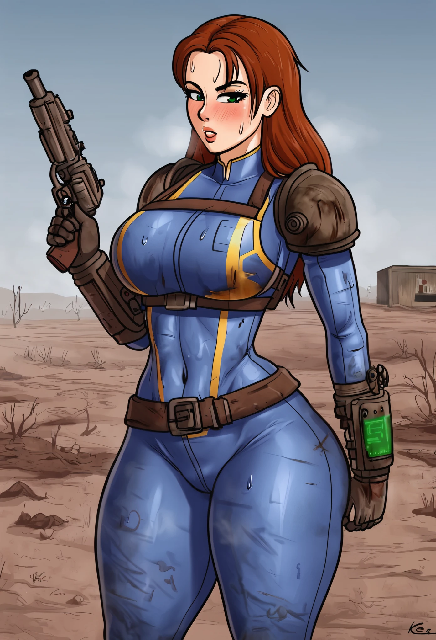 Young woman, curvy body, thick thighs, long hair, sweating from the heat, wasteland, sticky clothes, dressed in a tight blue suit, has leather armor elements, вселенная Fallout