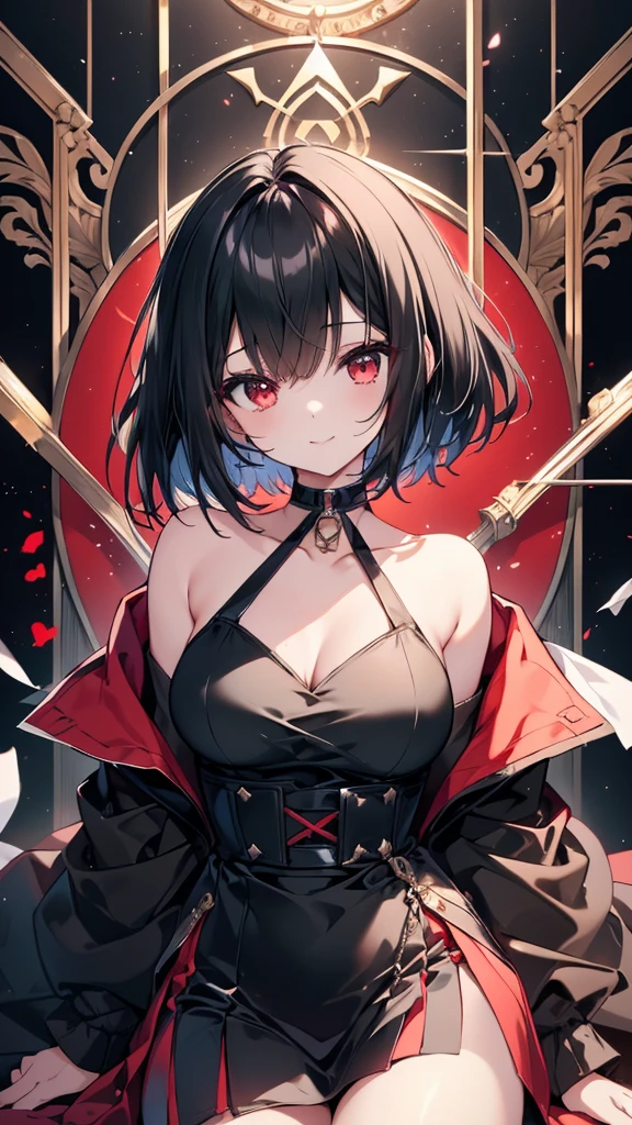 (masterpiece, highest quality, highest quality, (No text), Beautiful and aesthetic:1.2),No text,アニメ、BREAK,One Girl,Black Hair Girl short hair older sister choker Beautiful eyes Red eyes cool smile Black and Red dress Black jacket stockings whole body In town