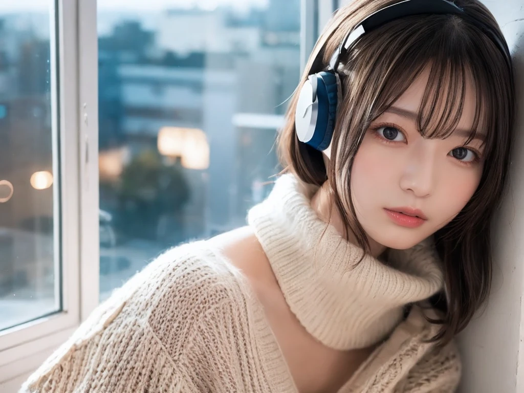 A detailed anime girl, wearing a large sweater, wearing headband headphones, lofi, tranquil, quiet vibes, chilling, in her bedroom looking at the window, night, quiet night, cat, masterpiece, best quality
