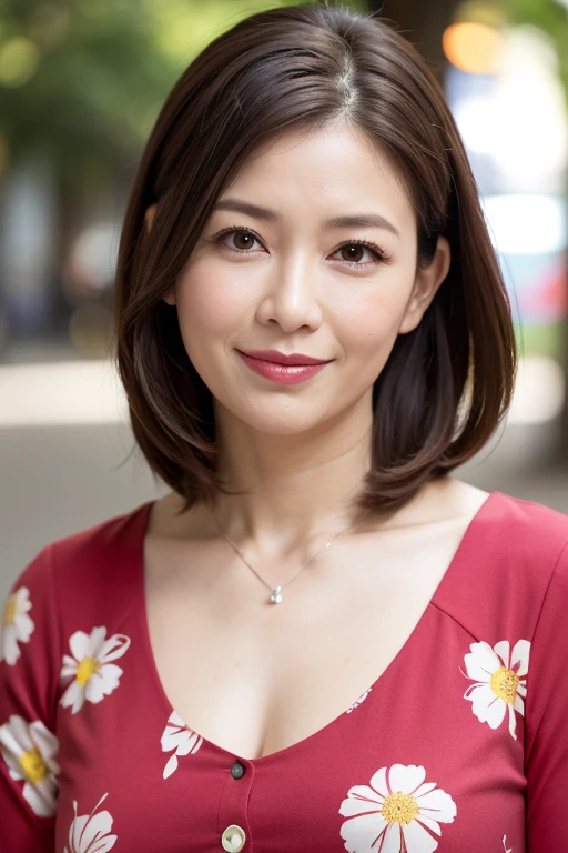 最high quality, In 8K, Masseter muscle area, Lifelike, Sharp focus, high quality, High resolution, Detailed face, Detailed eyes, Thick lips, (Look at the viewers), solo, Middle-aged women, Beautiful woman, Age 35, plum, Beautifully styled hair, Cleavage, Brightly colored patterned dress, Afternoon in front of the park garden