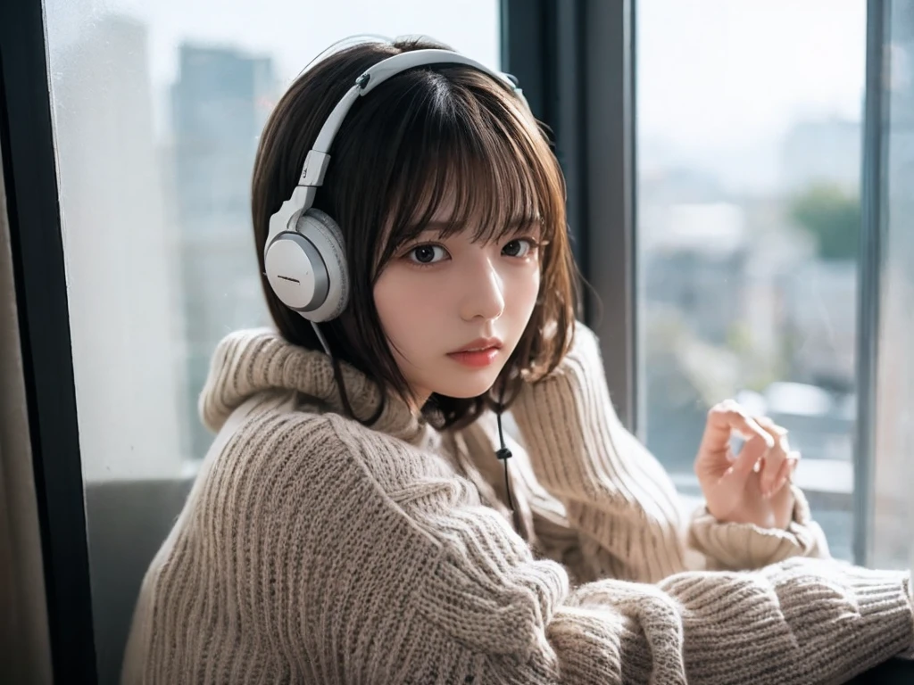 A detailed anime girl, wearing a large sweater, wearing headband headphones, lofi, tranquil, quiet vibes, chilling, in her bedroom looking at the window, night, quiet night, cat, masterpiece, best quality