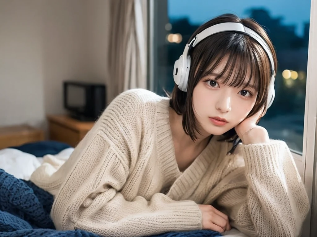 A detailed anime girl, wearing a large sweater, wearing headband headphones, lofi, tranquil, quiet vibes, chilling, in her bedroom looking at the window, night, quiet night, cat, masterpiece, best quality